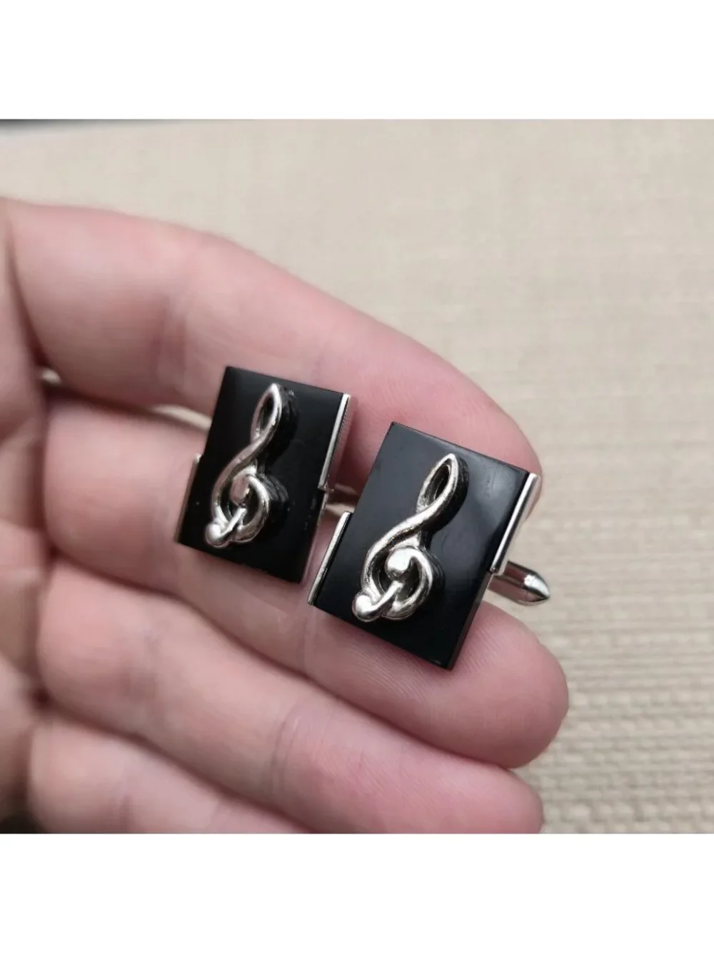 Treble Clef Music Cufflinks, Black Enamel Silver Tone Musician Gift A8135